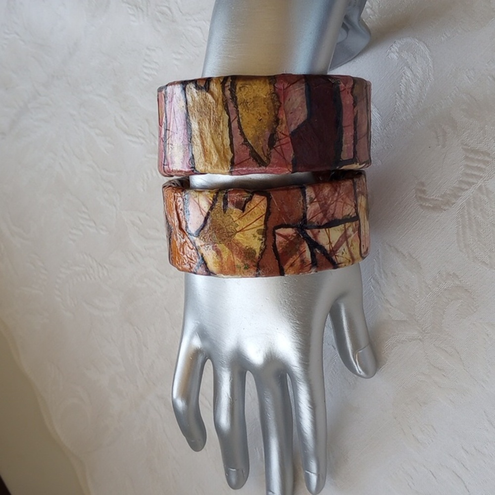 Set/2 VINTAGE 80’s Hippie Boho  Bangle jazzy junk PAPER MACHE FAB!